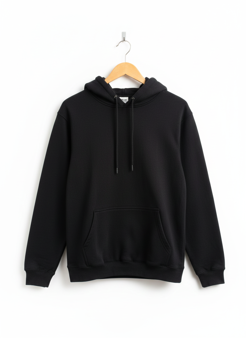 Black hoodie on a wooden hanger against a white background