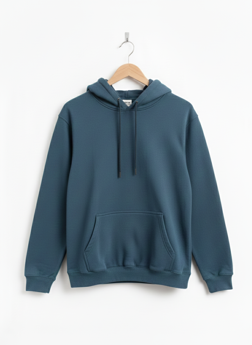 Blue hoodie on a wooden hanger against a white background
