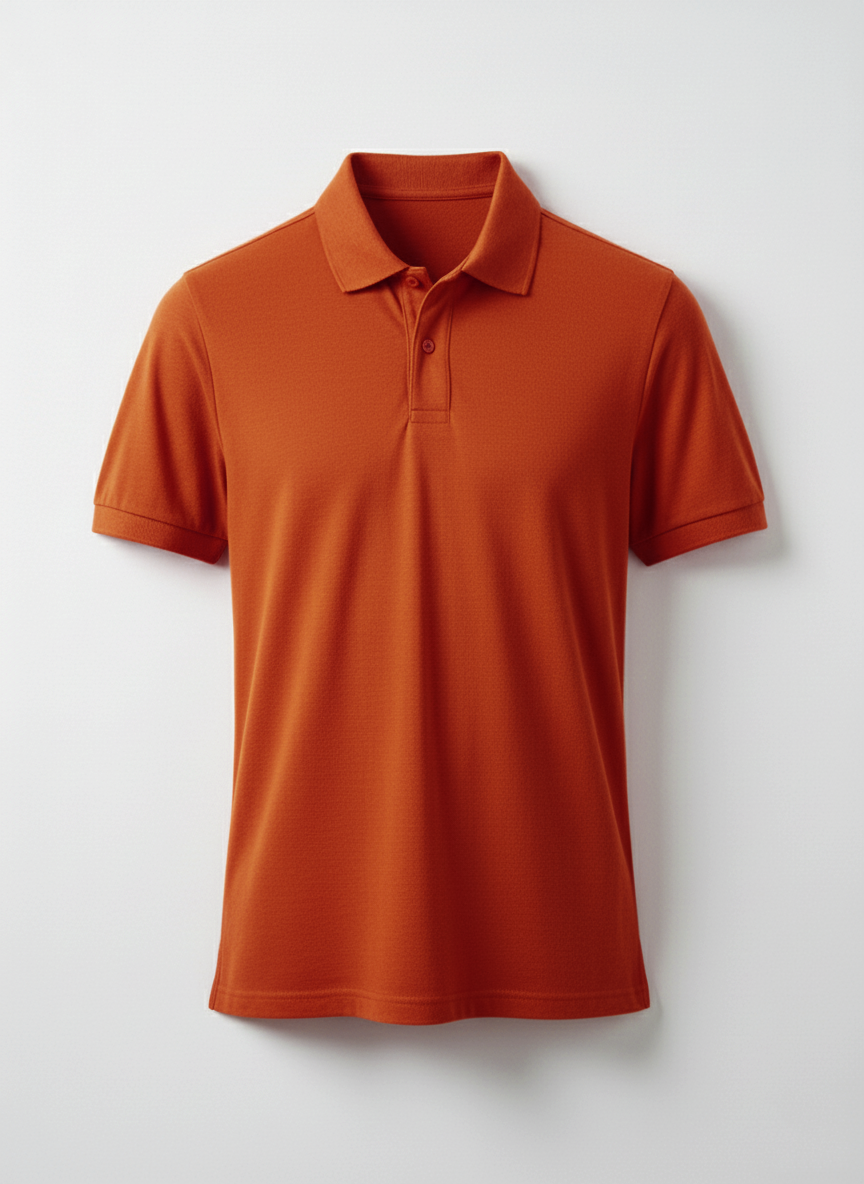 Orange polo shirt on a light gray background